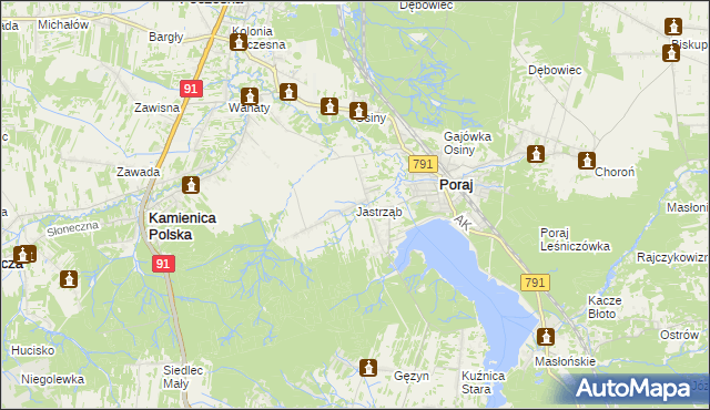 mapa Jastrząb gmina Poraj, Jastrząb gmina Poraj na mapie Targeo