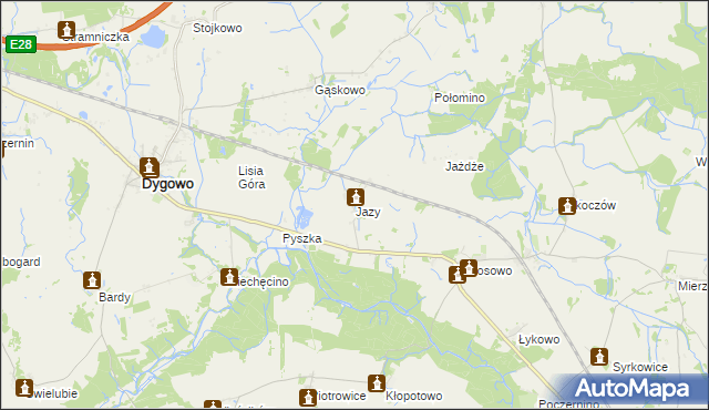 mapa Jazy gmina Dygowo, Jazy gmina Dygowo na mapie Targeo