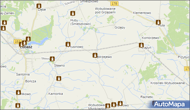 mapa Jędrzejewo gmina Lubasz, Jędrzejewo gmina Lubasz na mapie Targeo