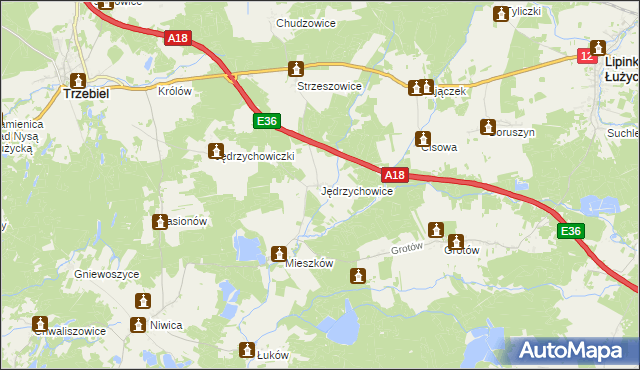 mapa Jędrzychowice gmina Trzebiel, Jędrzychowice gmina Trzebiel na mapie Targeo