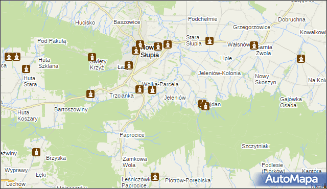 mapa Jeleniów gmina Nowa Słupia, Jeleniów gmina Nowa Słupia na mapie Targeo