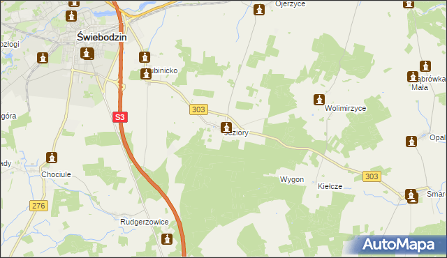 mapa Jeziory gmina Świebodzin, Jeziory gmina Świebodzin na mapie Targeo