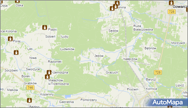mapa Jeżów gmina Końskie, Jeżów gmina Końskie na mapie Targeo