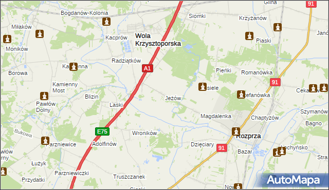 mapa Jeżów gmina Wola Krzysztoporska, Jeżów gmina Wola Krzysztoporska na mapie Targeo