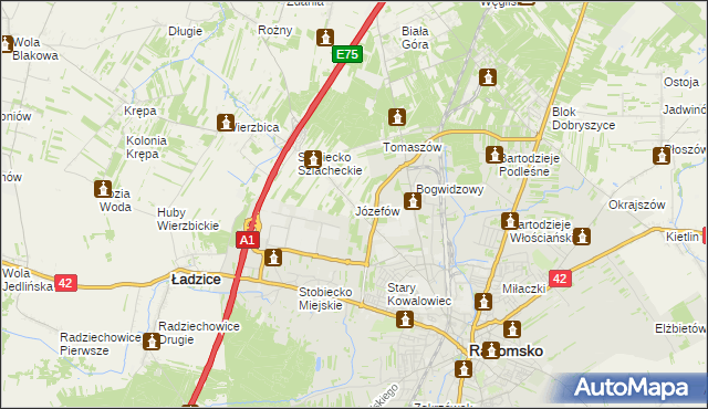 mapa Józefów gmina Ładzice, Józefów gmina Ładzice na mapie Targeo