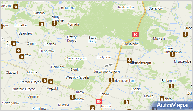 mapa Justynów gmina Młodzieszyn, Justynów gmina Młodzieszyn na mapie Targeo