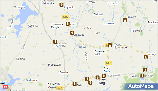 mapa Kalwa gmina Stary Targ, Kalwa gmina Stary Targ na mapie Targeo
