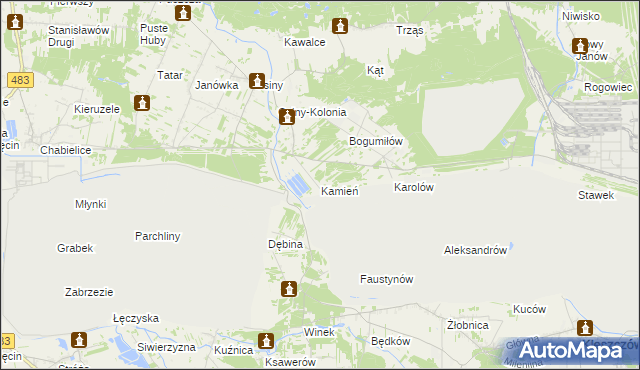 mapa Kamień gmina Kleszczów, Kamień gmina Kleszczów na mapie Targeo