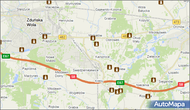 mapa Karsznice gmina Zduńska Wola, Karsznice gmina Zduńska Wola na mapie Targeo