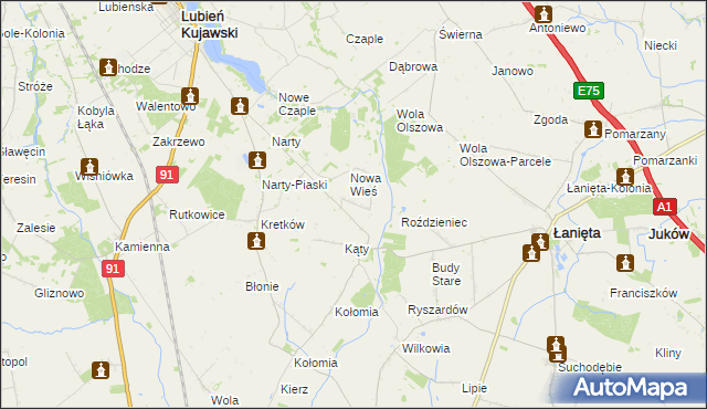 mapa Kąty gmina Lubień Kujawski, Kąty gmina Lubień Kujawski na mapie Targeo