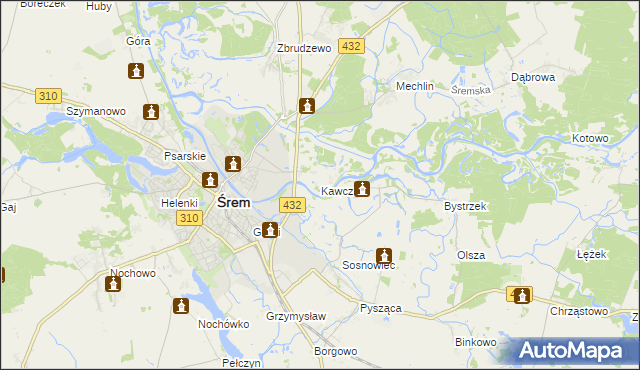 mapa Kawcze gmina Śrem, Kawcze gmina Śrem na mapie Targeo