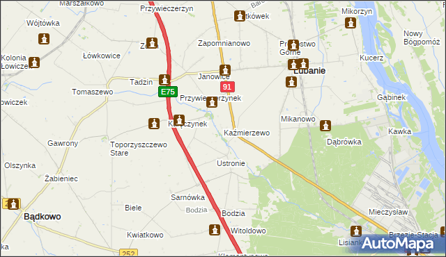 mapa Kaźmierzewo gmina Lubanie, Kaźmierzewo gmina Lubanie na mapie Targeo