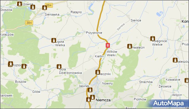 mapa Kietlin gmina Niemcza, Kietlin gmina Niemcza na mapie Targeo
