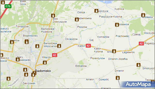 mapa Kietlin gmina Radomsko, Kietlin gmina Radomsko na mapie Targeo