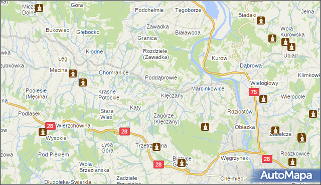 mapa Klęczany gmina Chełmiec, Klęczany gmina Chełmiec na mapie Targeo