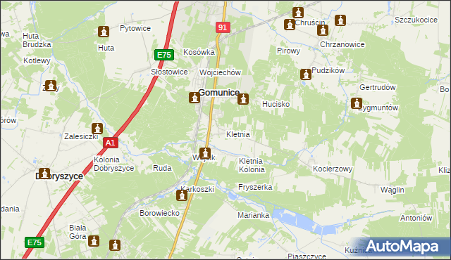 mapa Kletnia gmina Gomunice, Kletnia gmina Gomunice na mapie Targeo