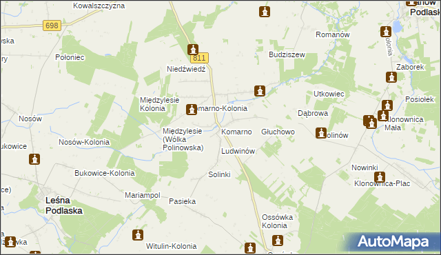 mapa Komarno gmina Konstantynów, Komarno gmina Konstantynów na mapie Targeo