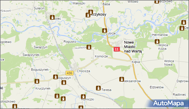 mapa Komorze gmina Nowe Miasto nad Wartą, Komorze gmina Nowe Miasto nad Wartą na mapie Targeo