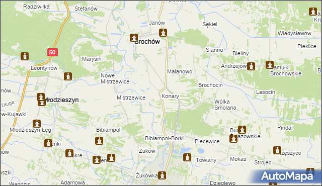 mapa Konary gmina Brochów, Konary gmina Brochów na mapie Targeo