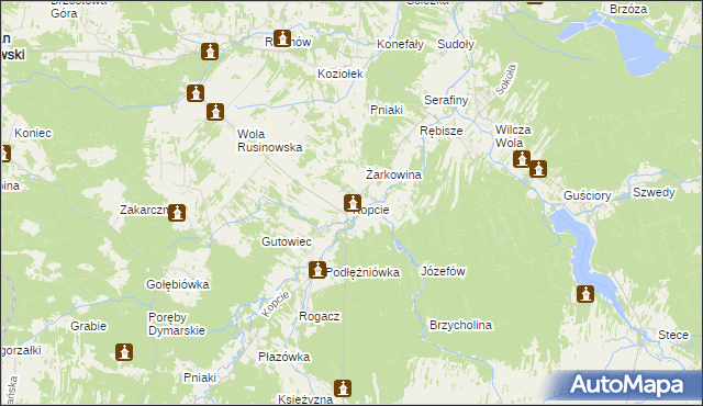 mapa Kopcie gmina Dzikowiec, Kopcie gmina Dzikowiec na mapie Targeo