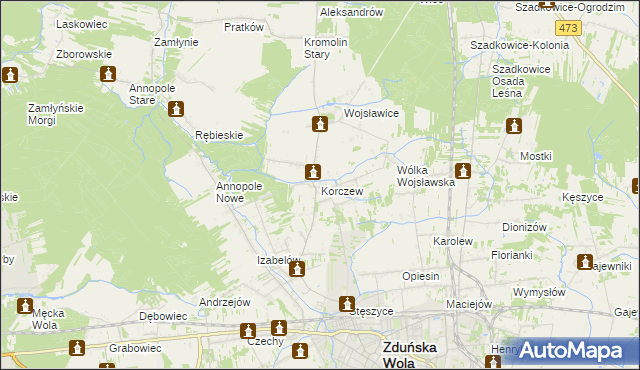 mapa Korczew gmina Zduńska Wola, Korczew gmina Zduńska Wola na mapie Targeo