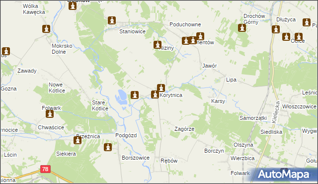 mapa Korytnica gmina Sobków, Korytnica gmina Sobków na mapie Targeo