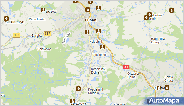 mapa Kościelnik gmina Lubań, Kościelnik gmina Lubań na mapie Targeo