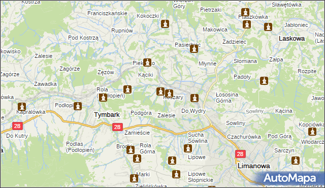 mapa Koszary gmina Limanowa, Koszary gmina Limanowa na mapie Targeo