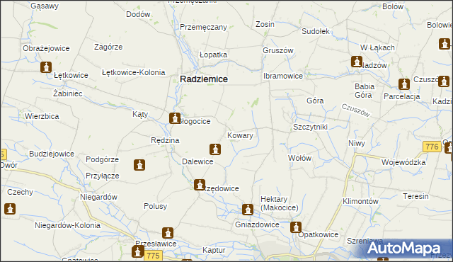 mapa Kowary gmina Radziemice, Kowary gmina Radziemice na mapie Targeo