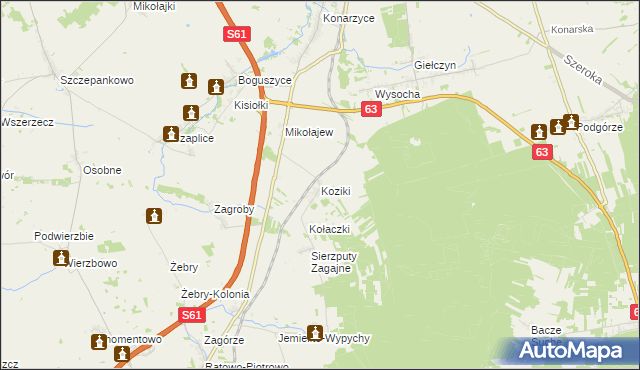 mapa Koziki gmina Śniadowo, Koziki gmina Śniadowo na mapie Targeo