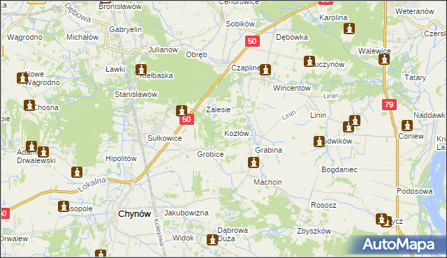 mapa Kozłów gmina Chynów, Kozłów gmina Chynów na mapie Targeo