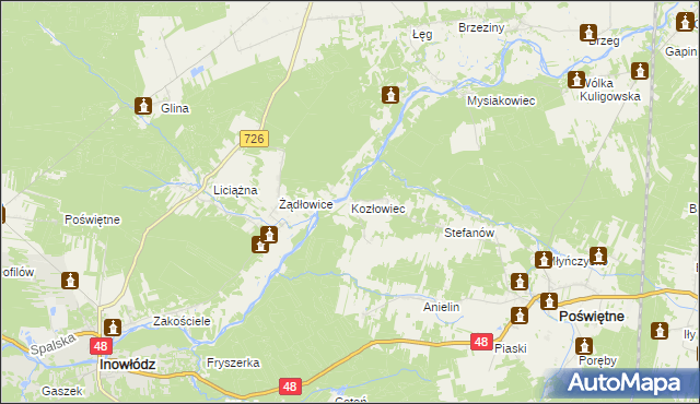 mapa Kozłowiec gmina Poświętne, Kozłowiec gmina Poświętne na mapie Targeo