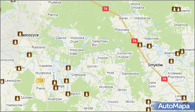 mapa Kozów gmina Smyków, Kozów gmina Smyków na mapie Targeo