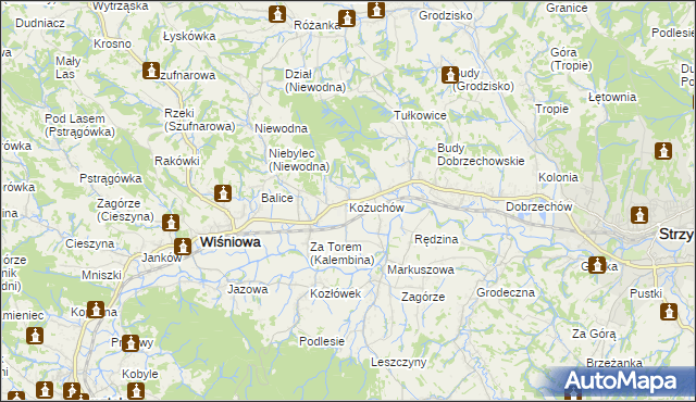mapa Kożuchów gmina Wiśniowa, Kożuchów gmina Wiśniowa na mapie Targeo