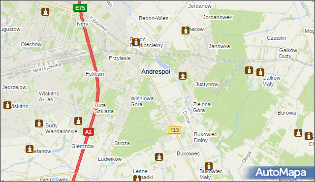 mapa Kraszew gmina Andrespol, Kraszew gmina Andrespol na mapie Targeo