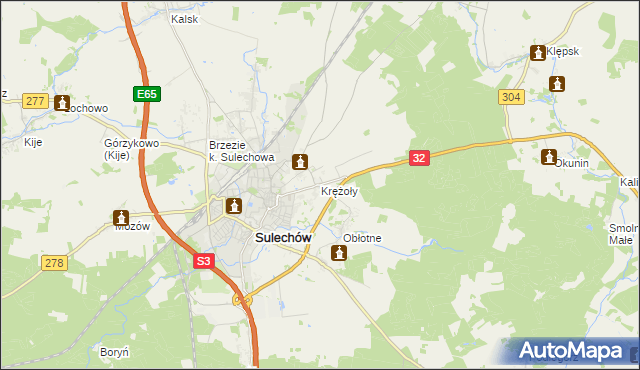 mapa Krężoły gmina Sulechów, Krężoły gmina Sulechów na mapie Targeo