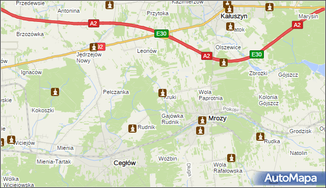 mapa Kruki gmina Mrozy, Kruki gmina Mrozy na mapie Targeo