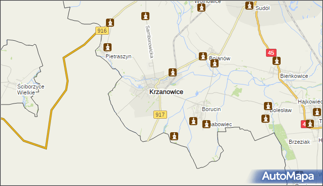 mapa Krzanowice powiat raciborski, Krzanowice powiat raciborski na mapie Targeo