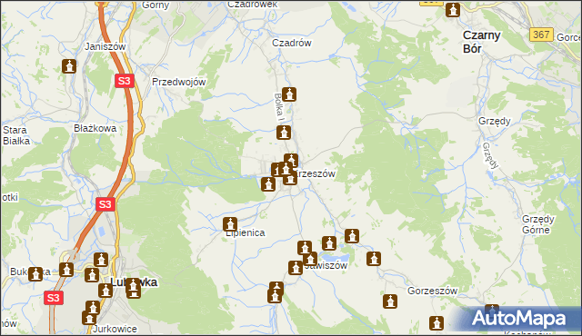 mapa Krzeszów gmina Kamienna Góra, Krzeszów gmina Kamienna Góra na mapie Targeo