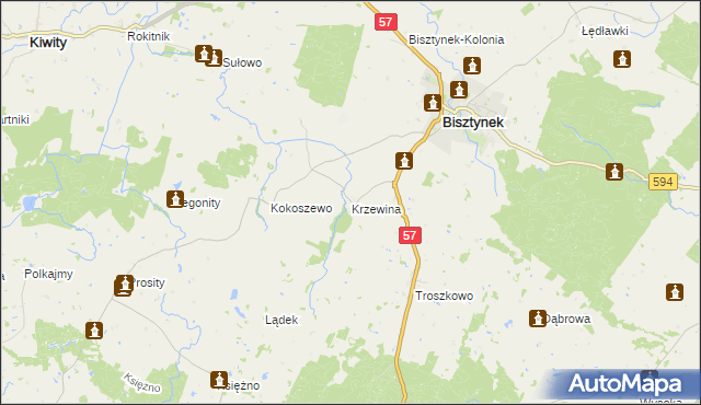 mapa Krzewina gmina Bisztynek, Krzewina gmina Bisztynek na mapie Targeo