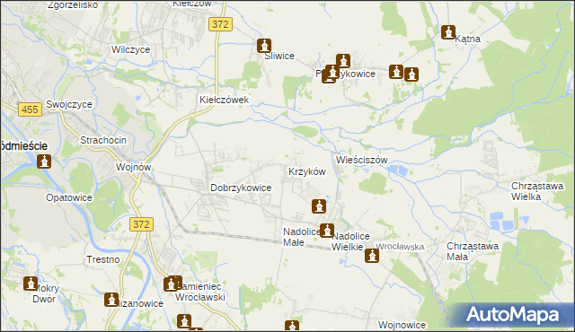 mapa Krzyków gmina Czernica, Krzyków gmina Czernica na mapie Targeo