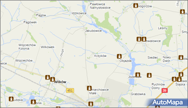 mapa Krzyków gmina Wilków, Krzyków gmina Wilków na mapie Targeo