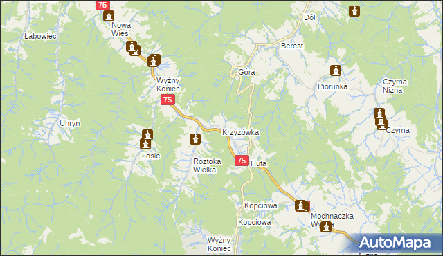 mapa Krzyżówka gmina Łabowa, Krzyżówka gmina Łabowa na mapie Targeo