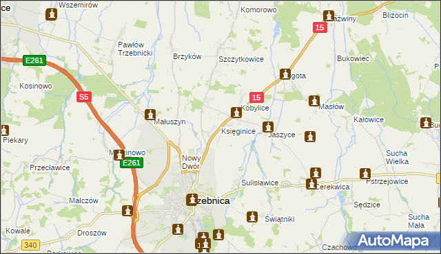 mapa Księginice gmina Trzebnica, Księginice gmina Trzebnica na mapie Targeo