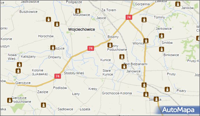 mapa Kunice gmina Wojciechowice, Kunice gmina Wojciechowice na mapie Targeo