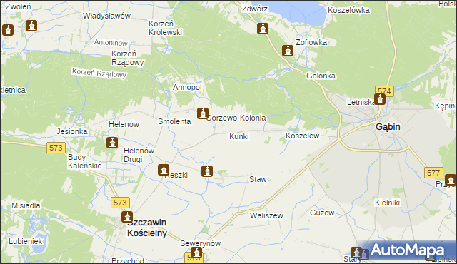 mapa Kunki gmina Szczawin Kościelny, Kunki gmina Szczawin Kościelny na mapie Targeo