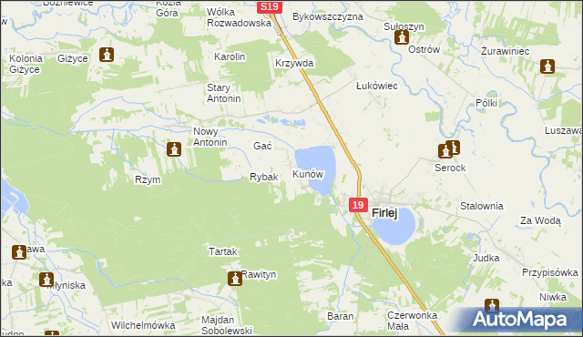 mapa Kunów gmina Firlej, Kunów gmina Firlej na mapie Targeo
