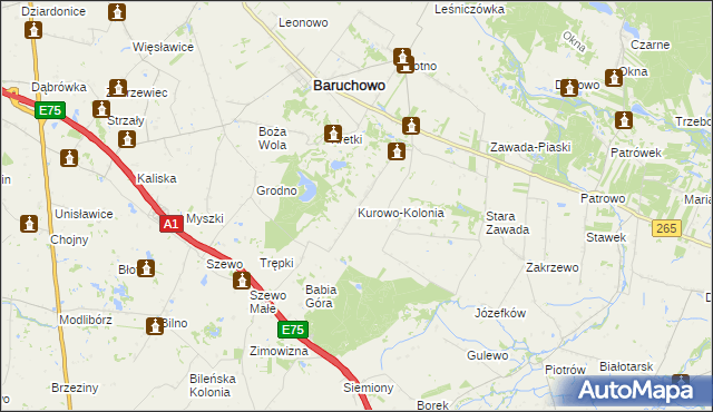 mapa Kurowo-Kolonia gmina Baruchowo, Kurowo-Kolonia gmina Baruchowo na mapie Targeo