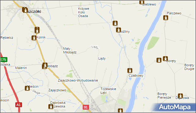 mapa Lądy gmina Tczew, Lądy gmina Tczew na mapie Targeo