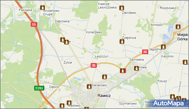 mapa Łaszczyn gmina Rawicz, Łaszczyn gmina Rawicz na mapie Targeo